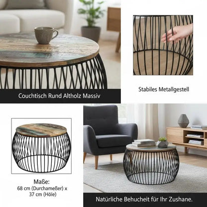 Table basse ronde en bois massif recyclé avec piètement acier