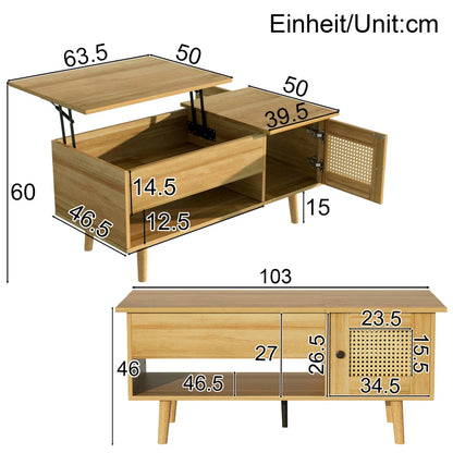 Table basse bois clair avec plateau relevable et portes en rotin 103x50x46 cm