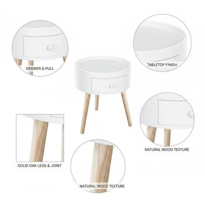 Table basse ronde en bois chêne clair et blanc avec tiroir