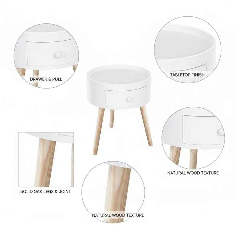 Table basse blanche et en bois ronde avec tiroir 85 x 50 x 45 cm pin massif