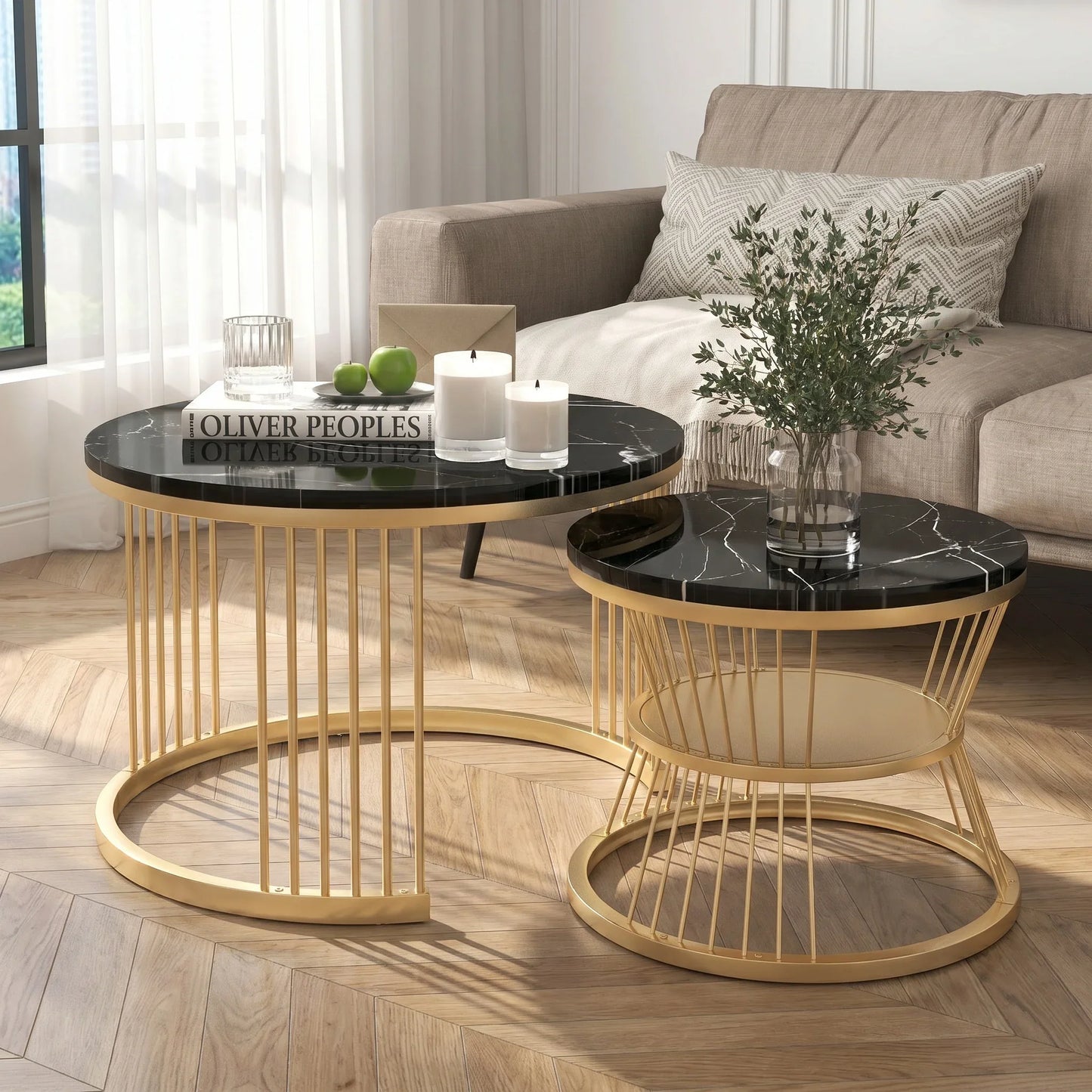 Table basse en bois et noir ronde avec plateau marbré effet brillant 70 x 70 x 45 cm