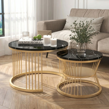 Table basse en bois et noir ronde avec plateau marbré effet brillant 70 x 70 x 45 cm