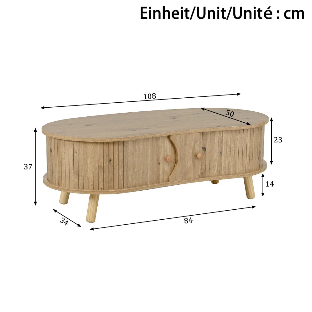 Table basse en bois massif forme de pois avec portes coulissantes 108 x 50 x 37 cm nature