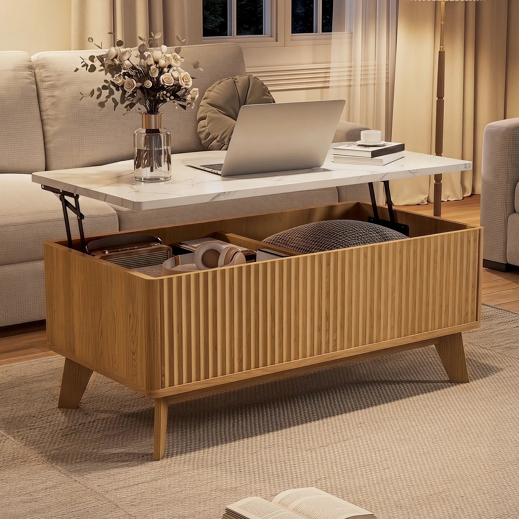 Table basse bois clair avec plateau relevable et rangement 105 x 84 x 42 cm