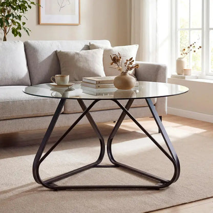 Table basse ronde en bois avec plateau verre trempé piètement métal noir 80 cm
