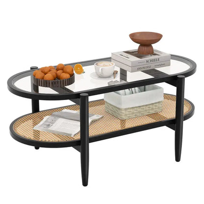 Table basse en bois et noir 2 niveaux avec plateau en verre trempé et cadre en acacia