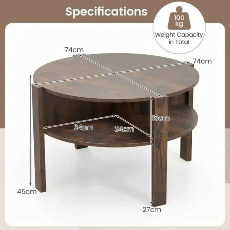 Table basse ronde en bois 2 niveaux avec 4 étagères marron rustique