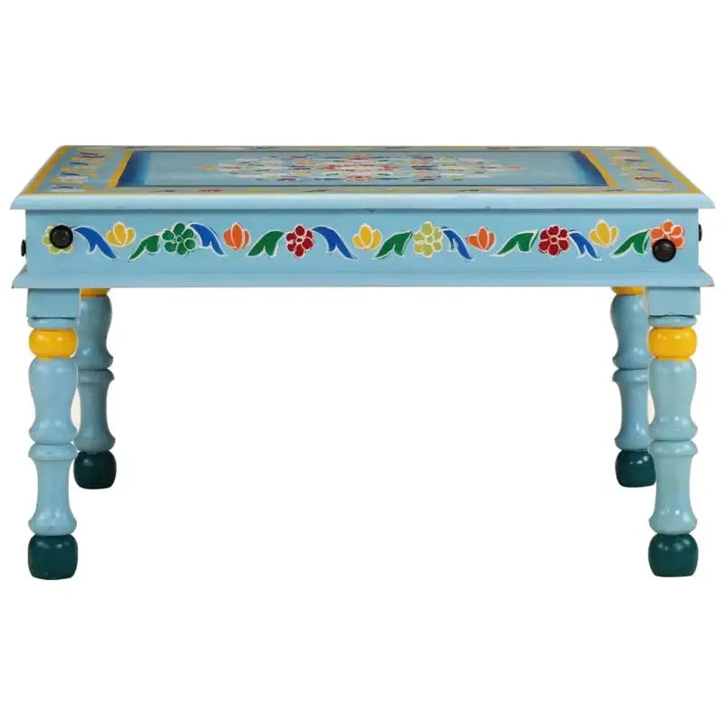 Table basse en bois massif mangue peinte à la main turquoise