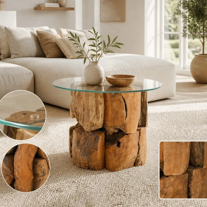 Table basse en bois massif teck 60 cm verre trempé brune