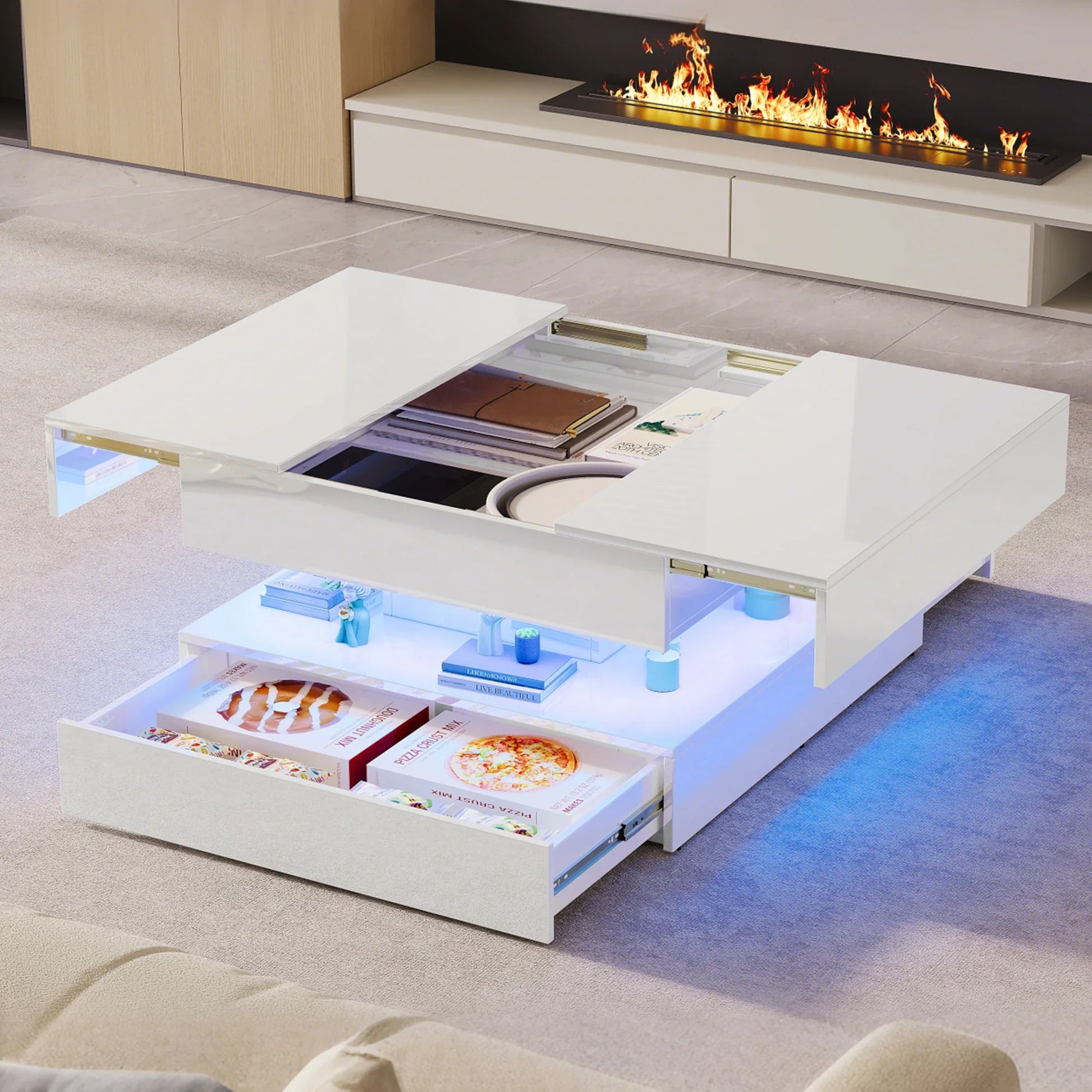 Table basse blanche et en bois multifonctionnelle avec LED RGB et tiroirs à ouverture tactile