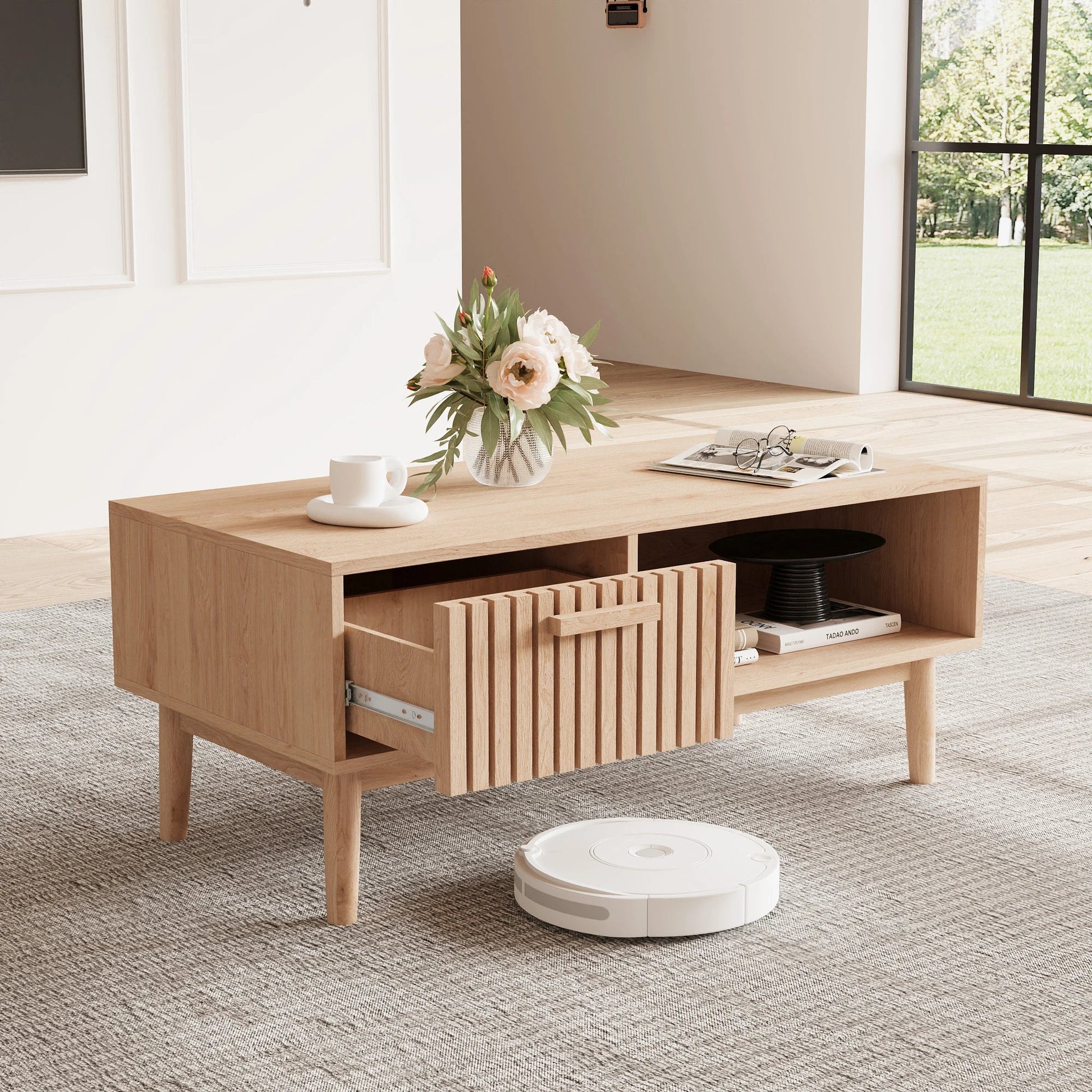 Table basse bois clair avec tiroir et compartiment ouvert