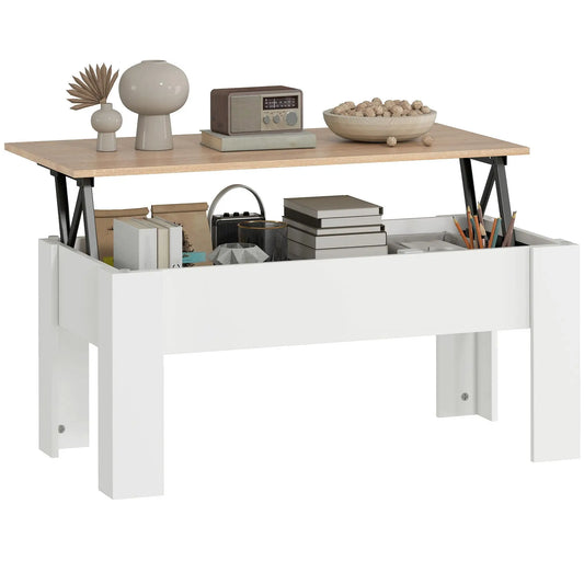 Table basse blanche et en bois réglable en hauteur avec compartiment caché 100x50x45-58.5 cm