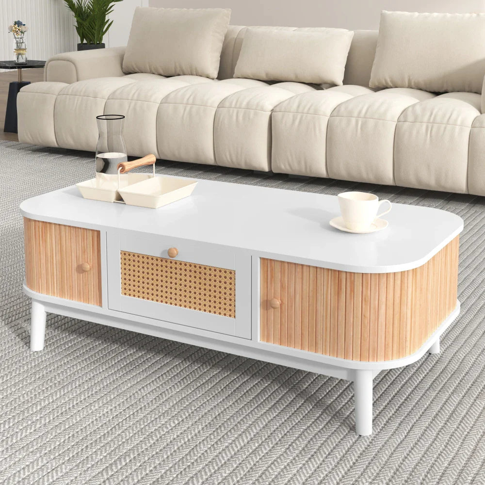 Table basse blanche et en bois avec tiroir en rotin et portes coulissantes 110 x 55 x 38,5 cm MDF