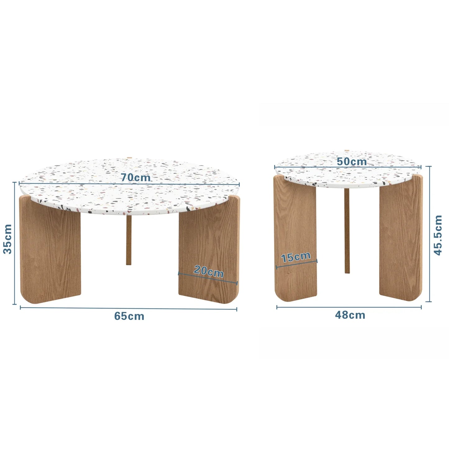 Table basse ronde en bois MDF blanc et bois 70x70x35 + 50x50x45,5 cm