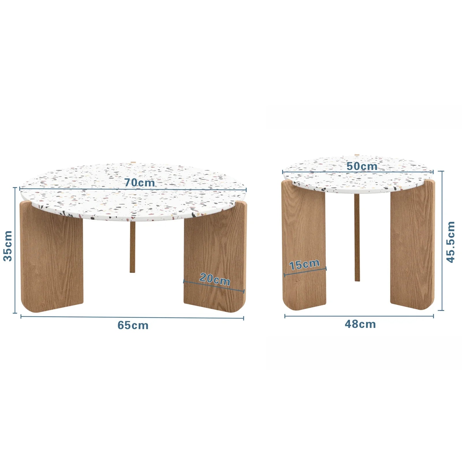 Table basse ronde en bois MDF blanc et bois 70x70x35 + 50x50x45,5 cm