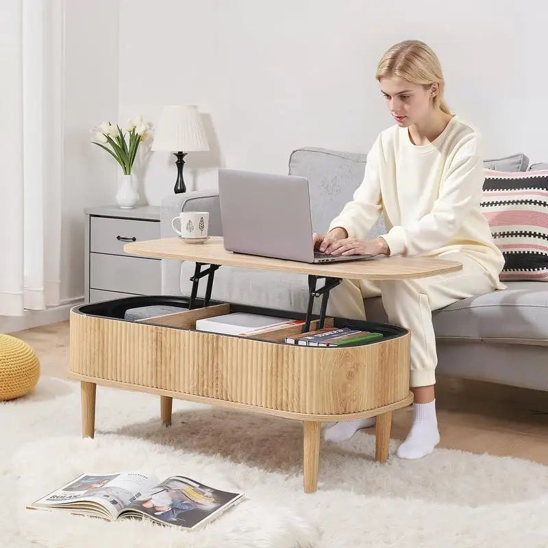Table basse bois clair ovale avec plateau relevable et rangement caché 100 cm