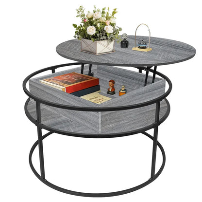 Table basse ronde en bois avec plateau relevable et rangement 80x80x47 cm