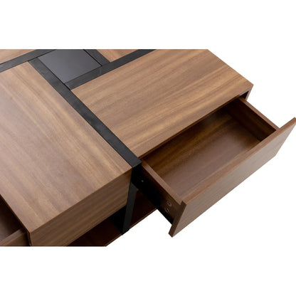 Table basse bois clair 78x78x36 cm avec 4 tiroirs et rangement double niveau