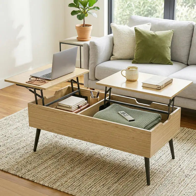 Table basse bois clair avec plateau relevable et rangement caché 70x70x29 cm