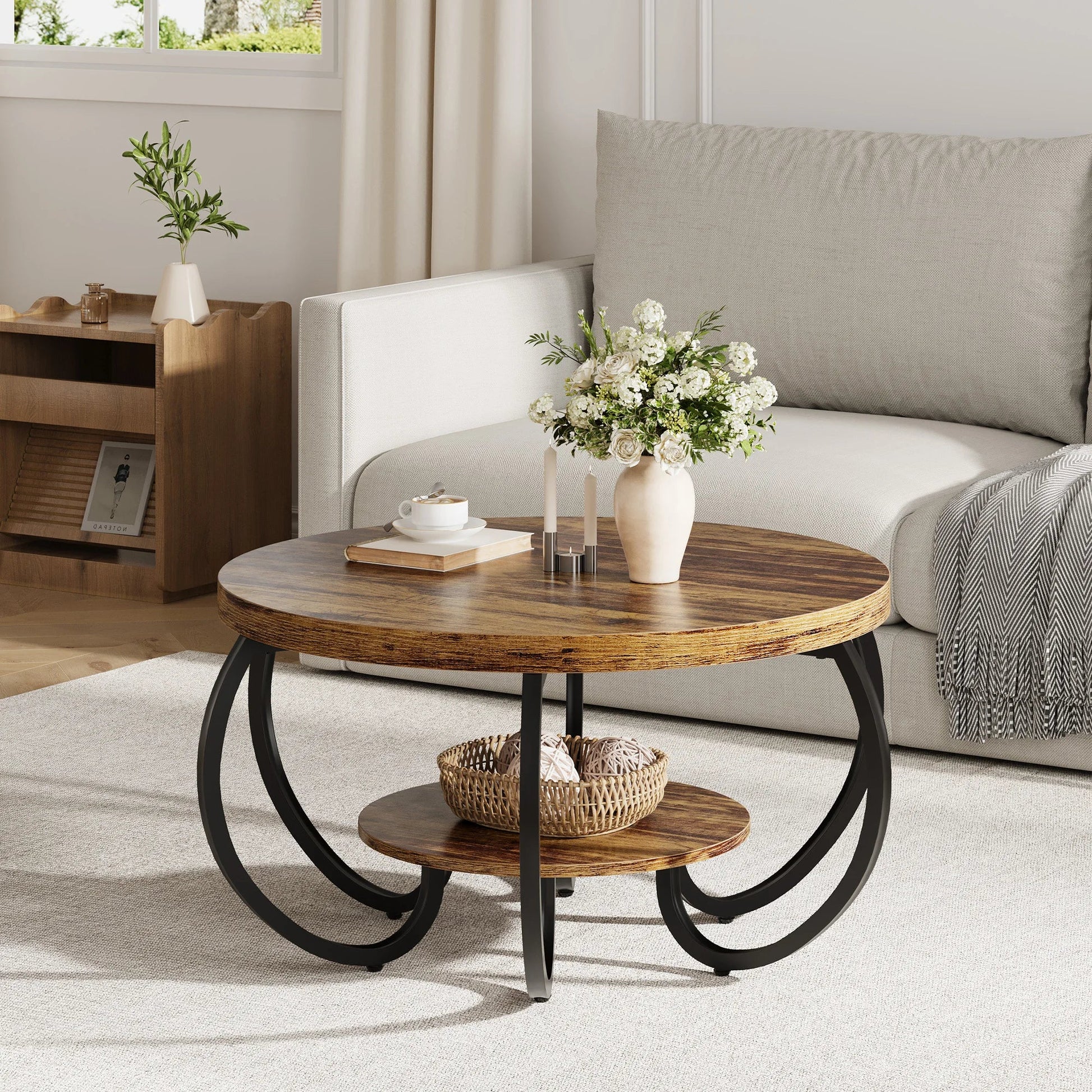Table basse ronde en bois 2 niveaux avec rangement 80 cm