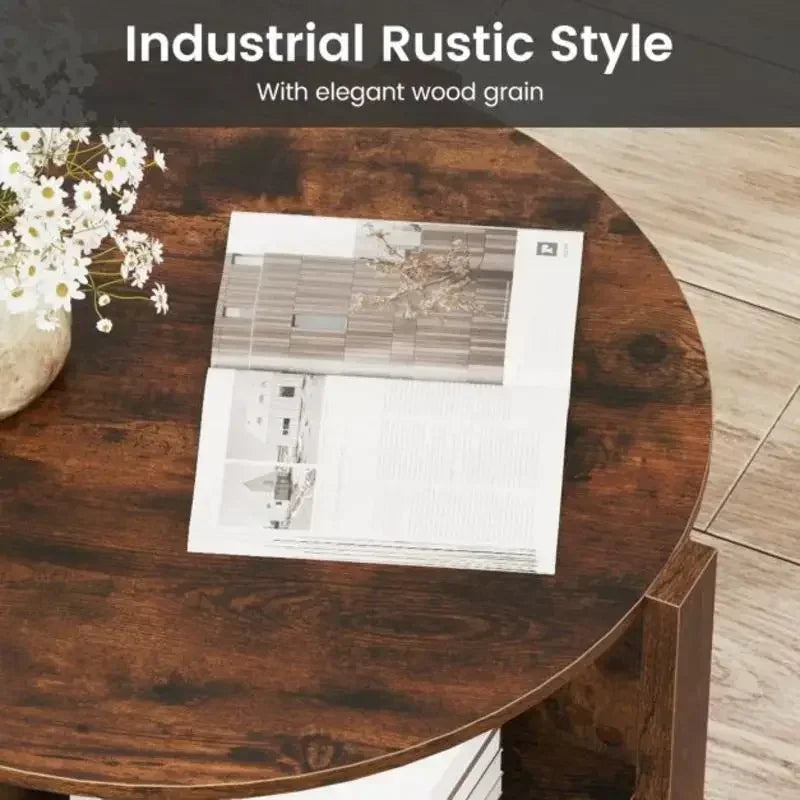 Table basse ronde en bois 2 niveaux avec 4 étagères marron rustique