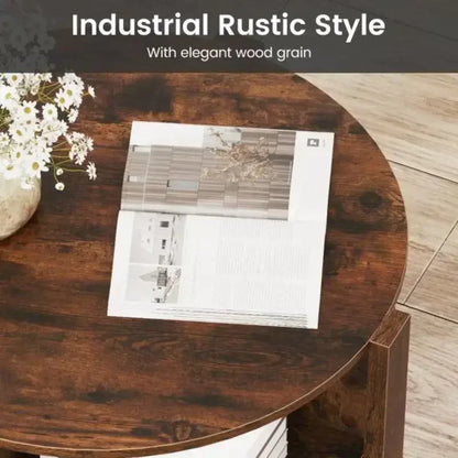 Table basse ronde en bois 2 niveaux avec 4 étagères marron rustique