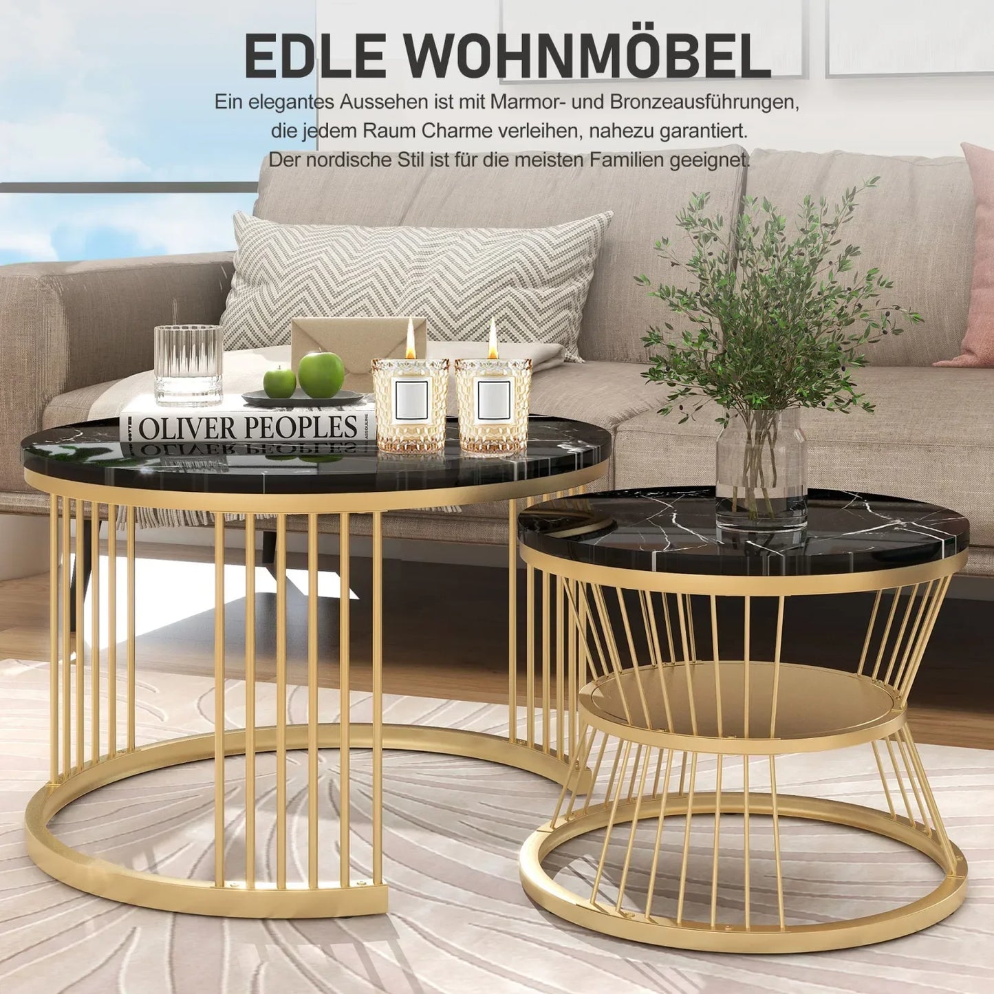 Table basse en bois et noir ronde avec plateau marbré effet brillant 70 x 70 x 45 cm