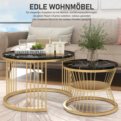 Table basse en bois et noir ronde avec plateau marbré effet brillant 70 x 70 x 45 cm