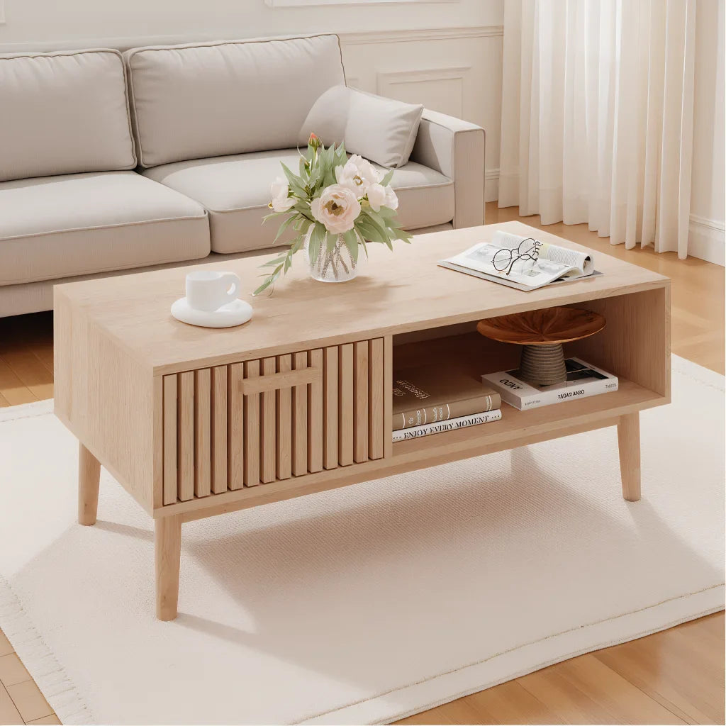 Table basse bois clair 100x50x43 cm avec tiroir et rangement