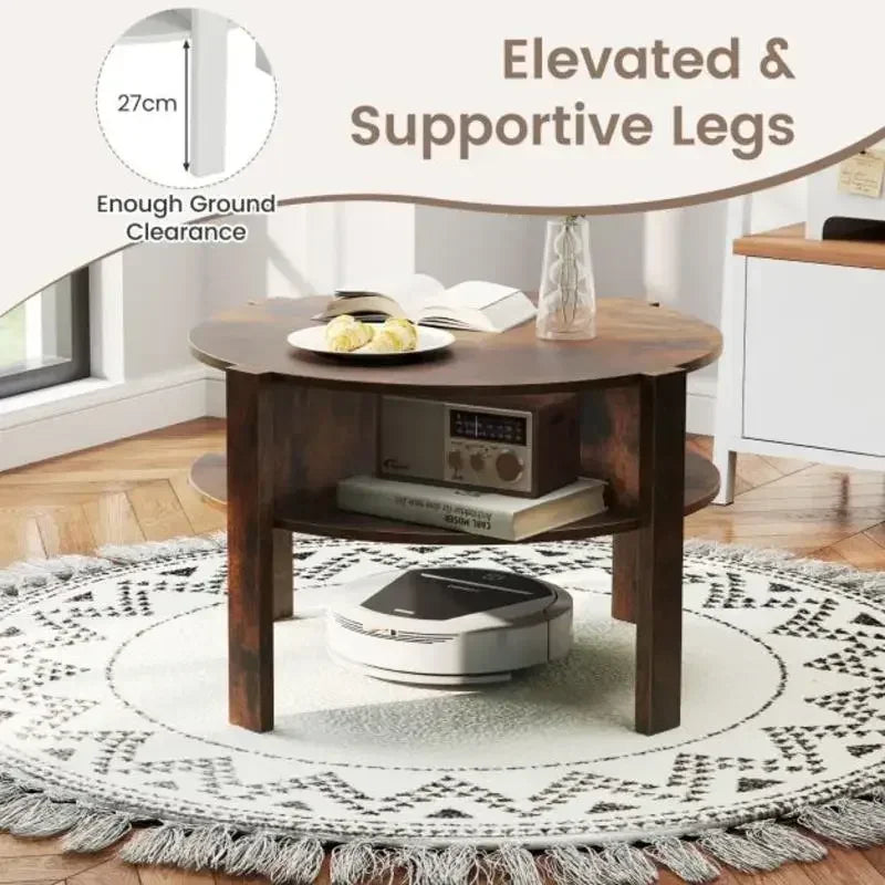 Table basse ronde en bois 2 niveaux avec 4 étagères marron rustique