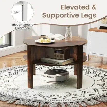 Table basse ronde en bois 2 niveaux avec 4 étagères marron rustique