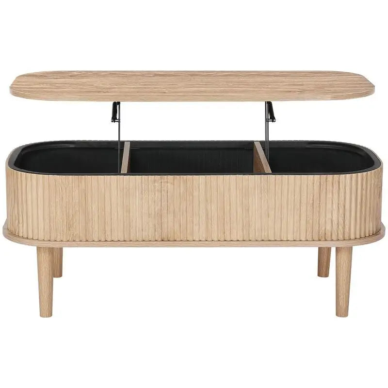 Table basse bois clair ovale avec plateau relevable et rangement caché 100 cm