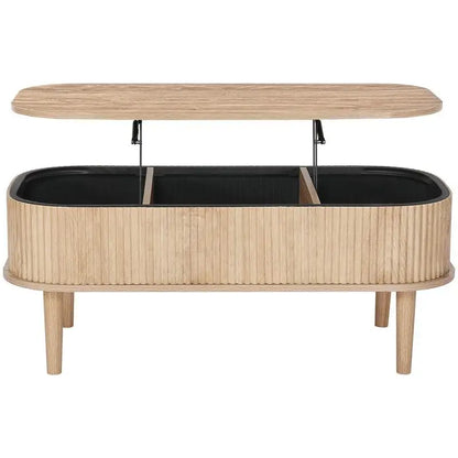 Table basse bois clair ovale avec plateau relevable et rangement caché 100 cm