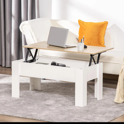 Table basse blanche et en bois réglable en hauteur avec compartiment caché 100x50x45-58.5 cm