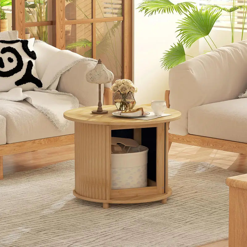 Table basse ronde en bambou avec rangement coulissant 60x45H cm
