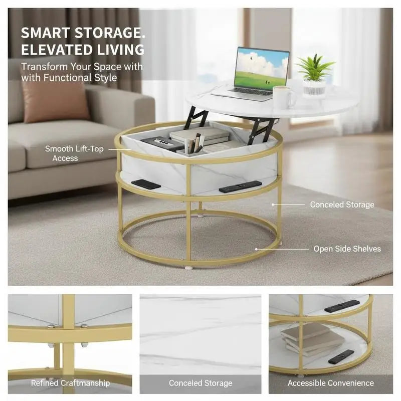 Table basse ronde en bois avec mécanisme lift et rangement caché 80x80x50H cm