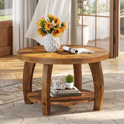 Table basse en bois massif ronde 2 niveaux avec rangement étagère
