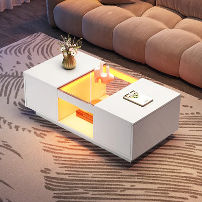 Table basse blanche et en bois avec LED et tiroir 100x50x35.5 cm