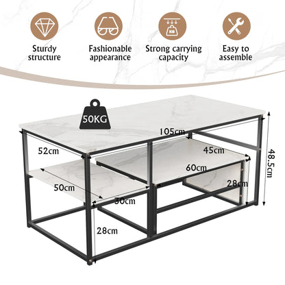 Table basse blanche et en bois avec étagères et cadre en acier 105x52x48.5 cm