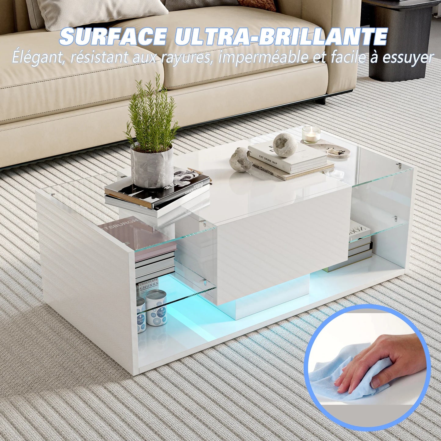 Table basse blanche et en bois avec éclairage LED et rangement