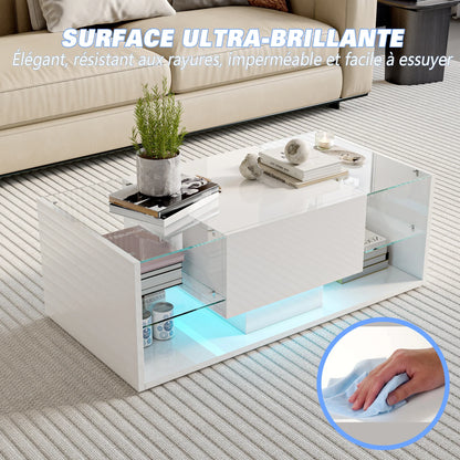Table basse blanche et en bois avec éclairage LED et rangement