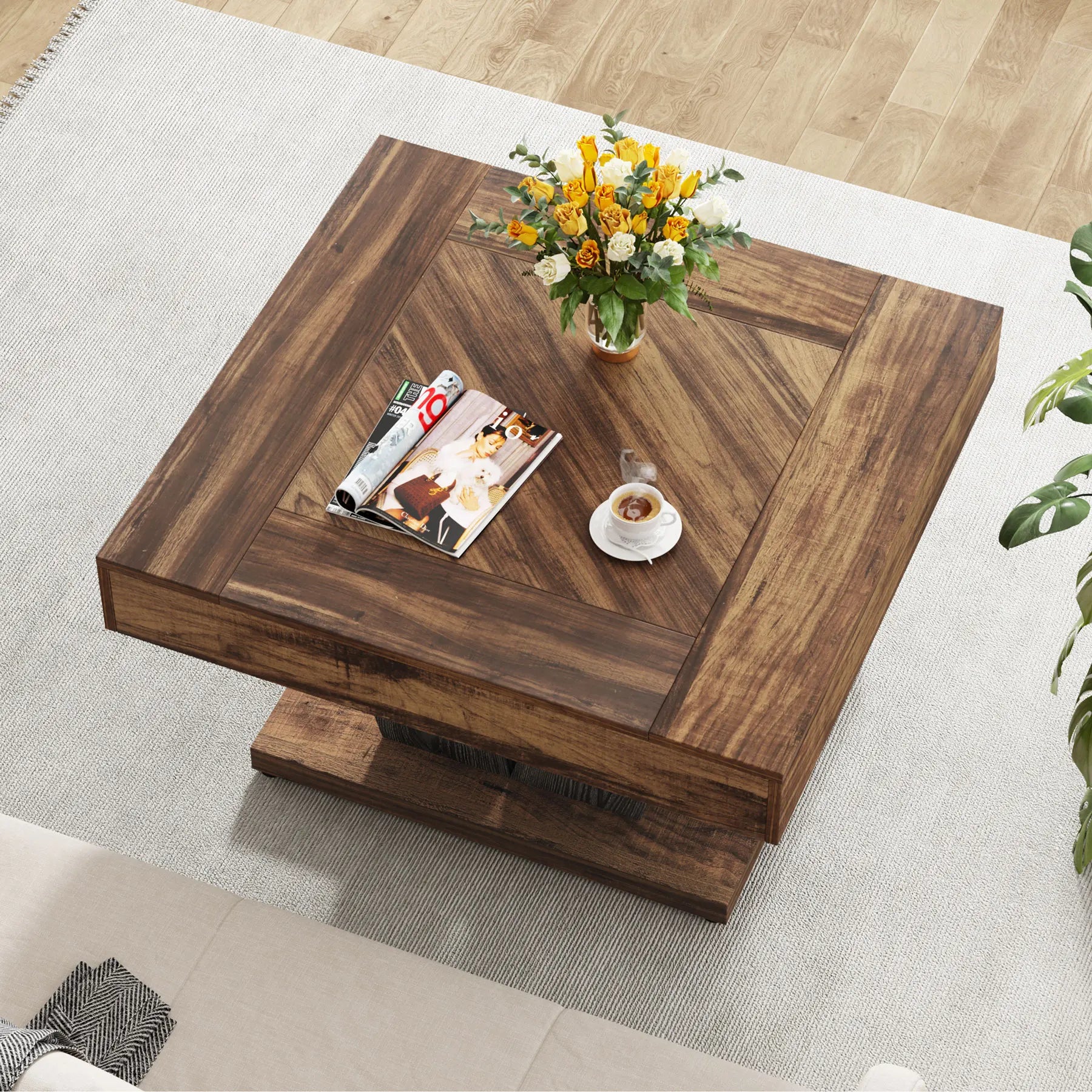 Table basse en bois massif 80 x 80 x 51 cm marron foncé et noire