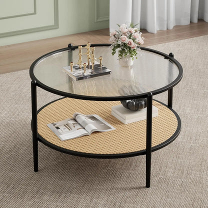 Table basse en bois et noir ronde en rotin 78 cm avec plateau en verre trempé