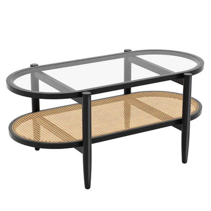 Table basse en bois et noir 2 niveaux avec plateau en verre trempé et cadre en acacia