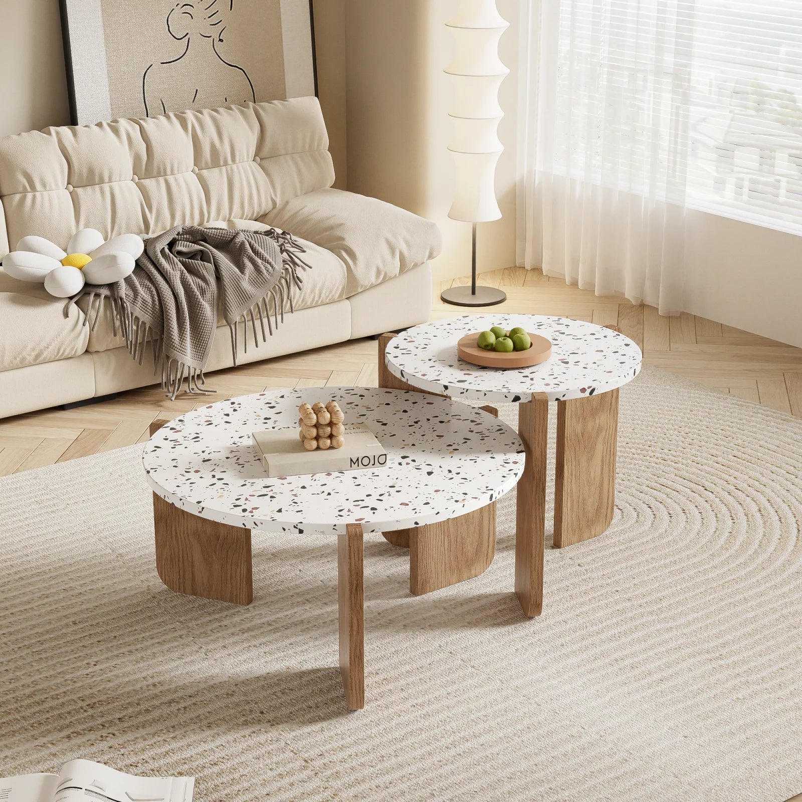 Table basse ronde en bois MDF blanc et bois 70x70x35 + 50x50x45,5 cm
