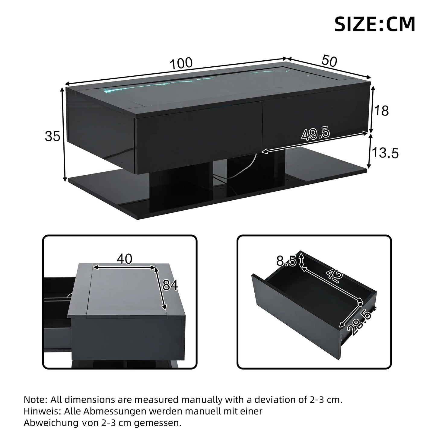 Table basse en bois et noir rectangulaire avec LED et rangement, plateau en verre trempé