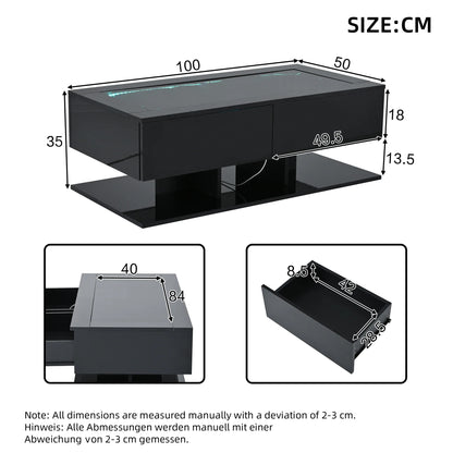 Table basse en bois et noir rectangulaire avec LED et rangement, plateau en verre trempé