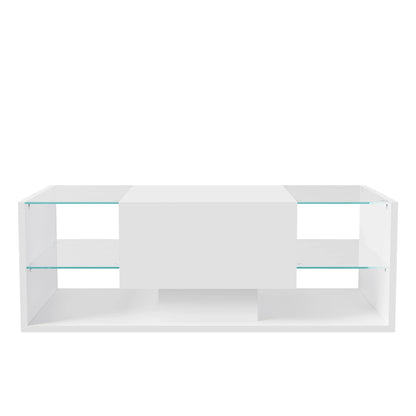 Table basse blanche et en bois avec éclairage LED et rangement