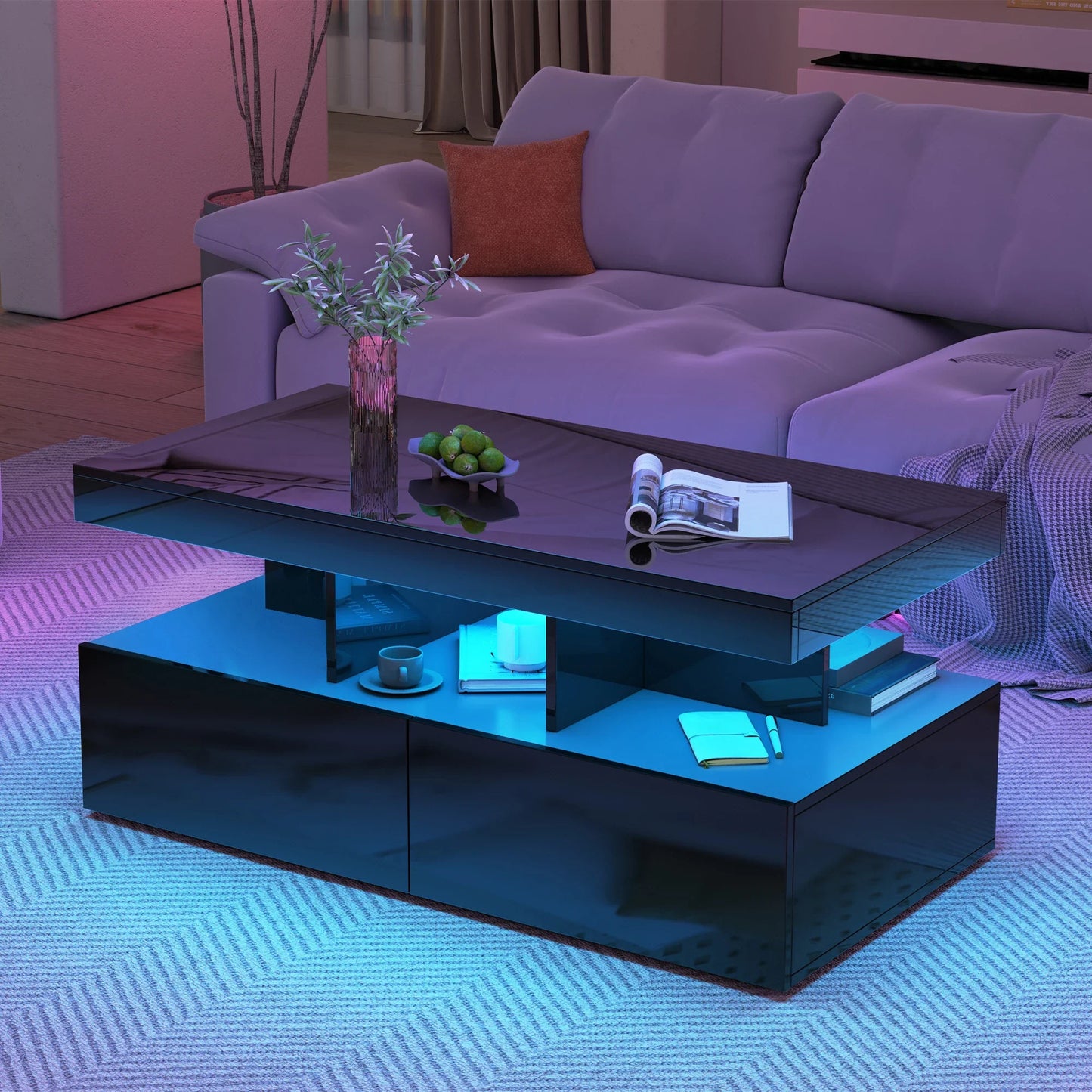Table basse en bois et noir avec tiroirs et LED 104x53x46 cm