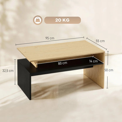 Table basse en bois et noir à niveaux décalés avec étagère de rangement 95x55x50 cm MDF